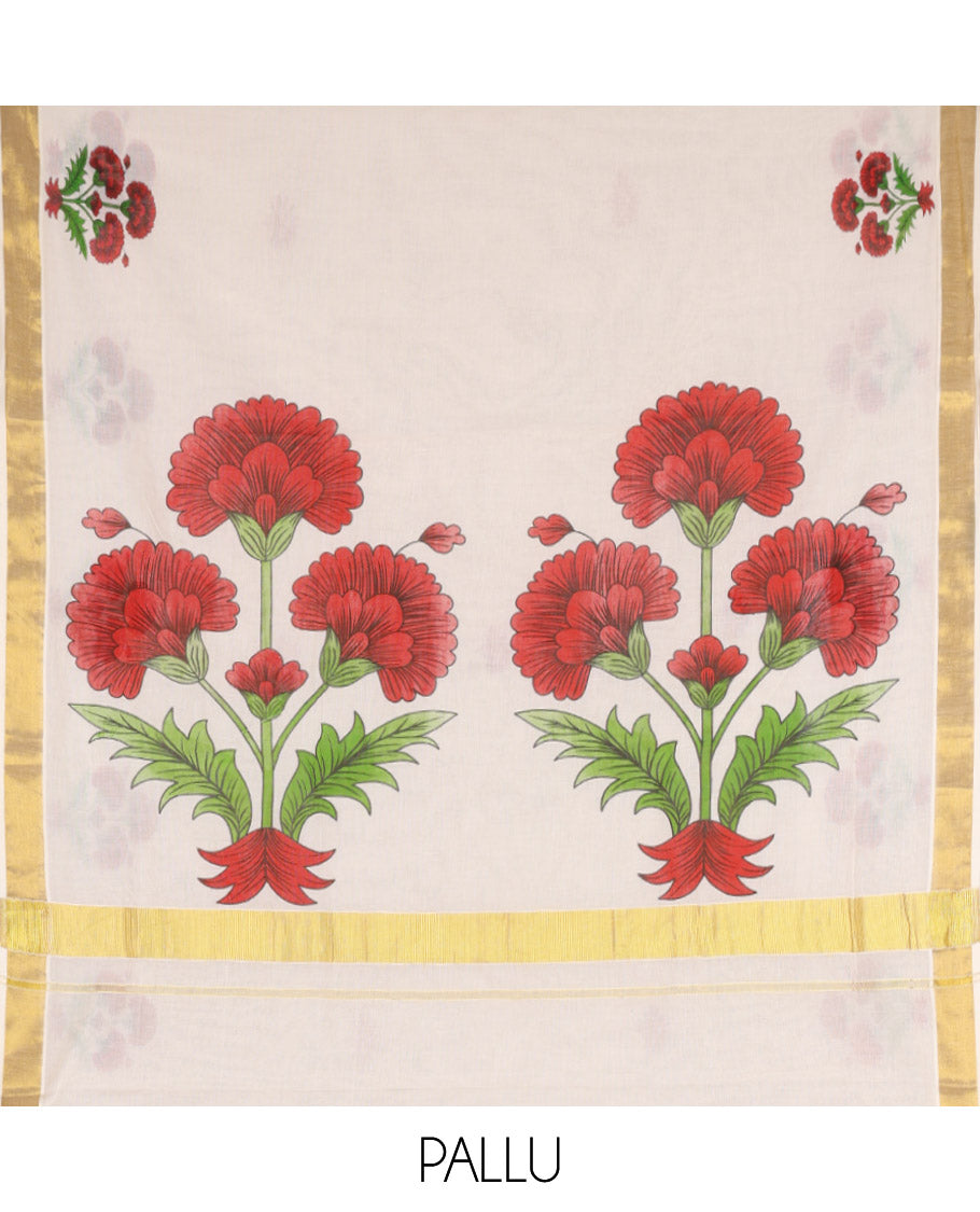 Cream and Red Kerala Cotton Saree, Detailed with Bunch of Floral Motifs Printed on Its Body, Subtle Zari Border, Pallu Features a Big Bunch of Floral Motifs Print, and Paired with a Matching Blouse