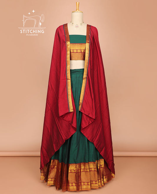 Green cotton half saree with contrast traditional zari design border, zari design blouse & plain, temple border dhavani