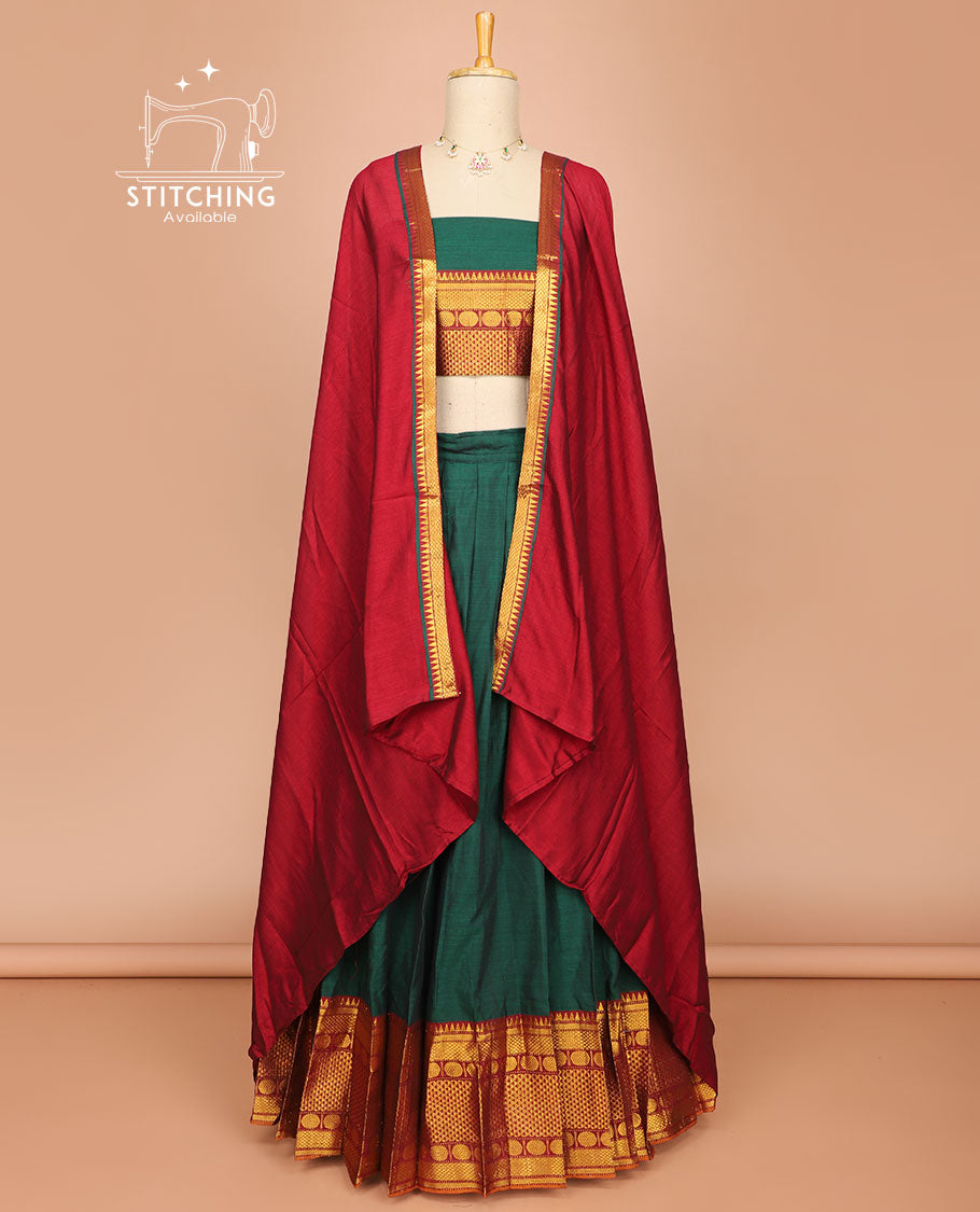 Green cotton half saree with contrast traditional zari design border, zari design blouse & plain, temple border dhavani