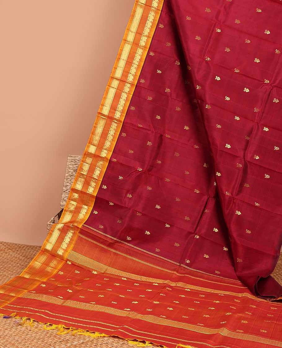 Red floral buttas kancheepuram silk saree with contrast rettai pettu zari border &  striped,floral buttas pallu