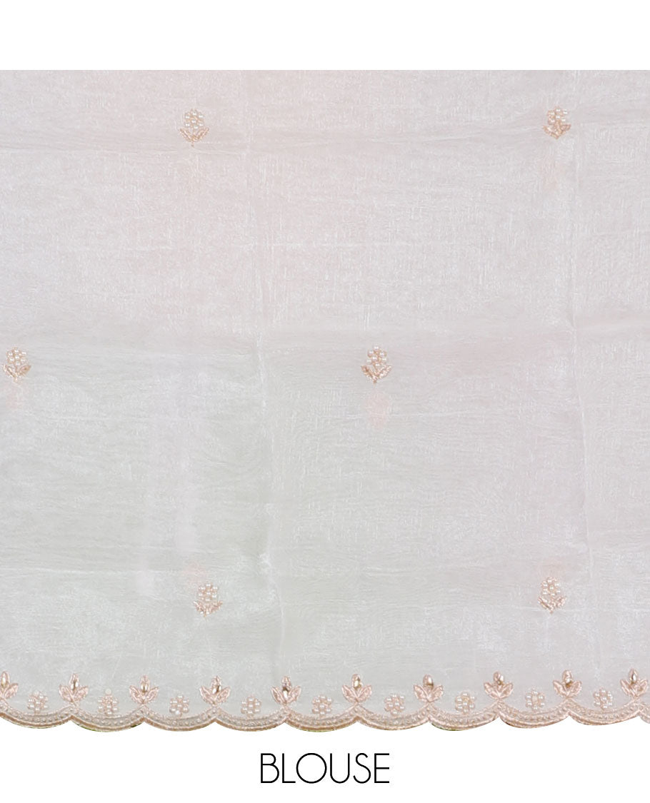 Pink color, floral embroidered motifs crunchy crush saree, scallop pearl embroidered border,  embroidered pallu, and a contrast embroidered blouse