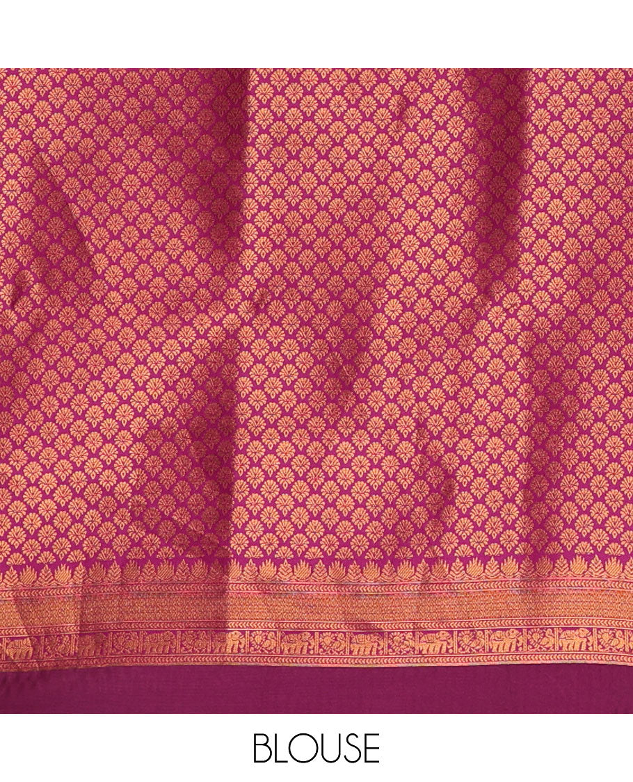 Green copper zari buttas elite soft silk saree , contrast zari weaving border , contrast brocade rich pallu with tussels , and  contrast brocade blouse