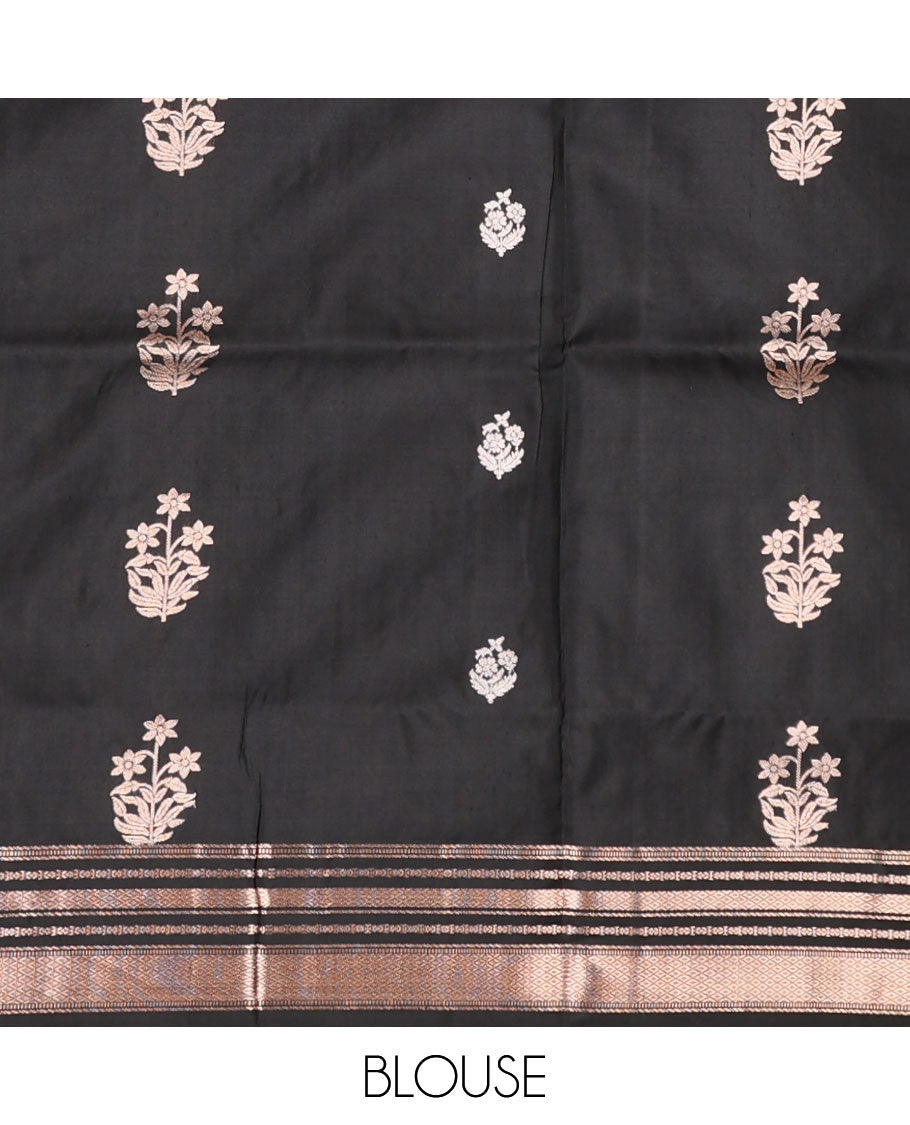 Green striped soft silk saree with floral buttas, contrast border of muthu & mayil kann & pallu of floral designs