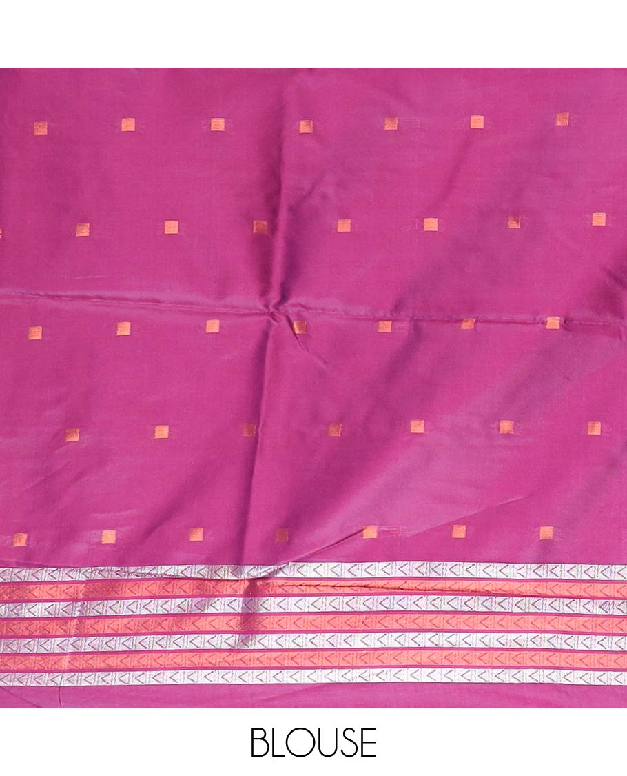 Pink with purple double leaf weaving design semi tissue soft silk saree, zari aero mark style weaving border & weraving rich pallu along with small zari butta blouse
