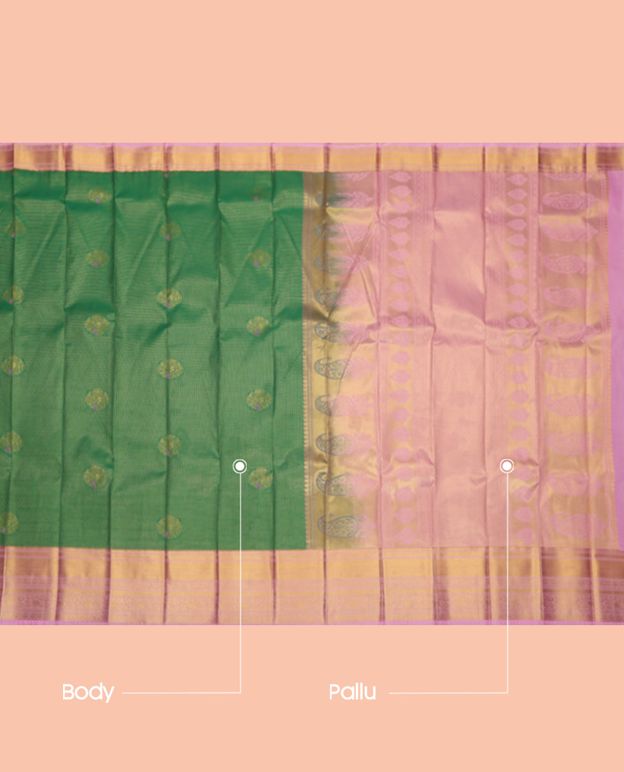 Green Budget Silk Saree, Spotlighted with Peacock Buttas and Checks, a Contrast Traditional Zari Border, an Intricate Pallu and a Contrast Blouse