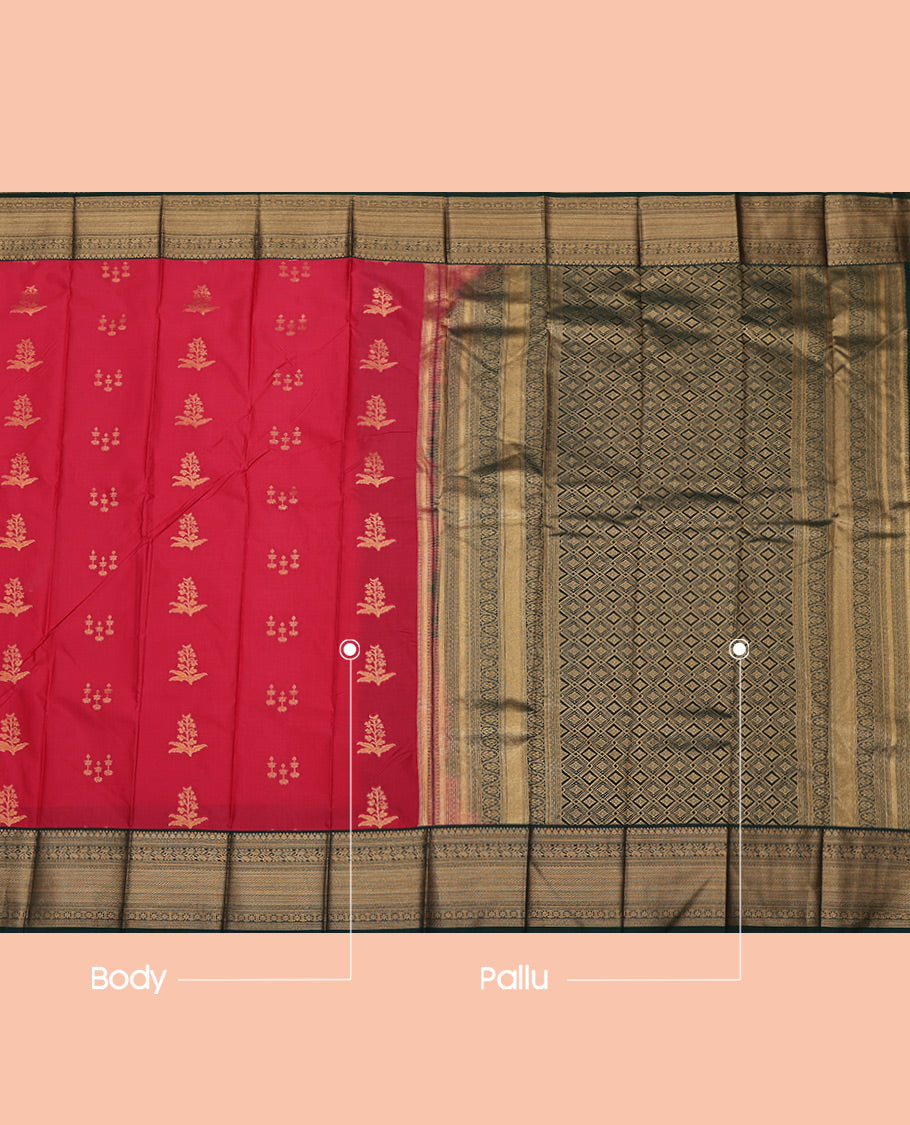 Red Budget Silk Saree, Decorated with Zari Buttas All Over Its Body, Complemented by a Contrast Traditional Zari Border, Grand Jaal Pallu, and Paired with a Contrast Blouse