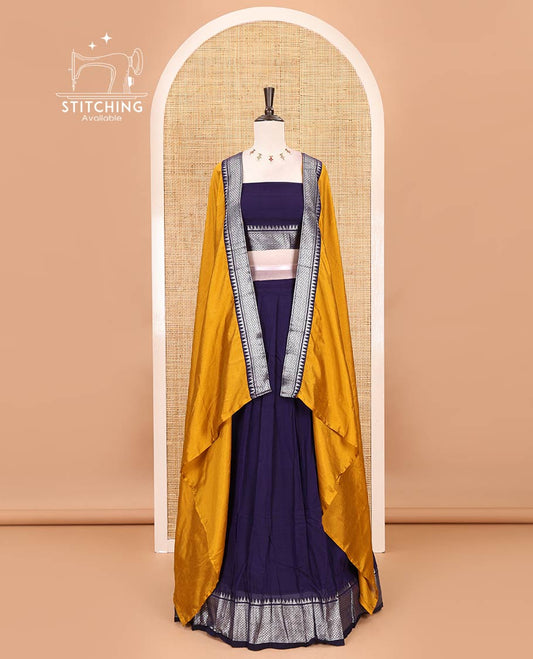 Royal blue Mercerised cotton half-saree, plain & contrast mayil kann temple border skirt, matching blouse & contrast zari border syska georgette dhavani