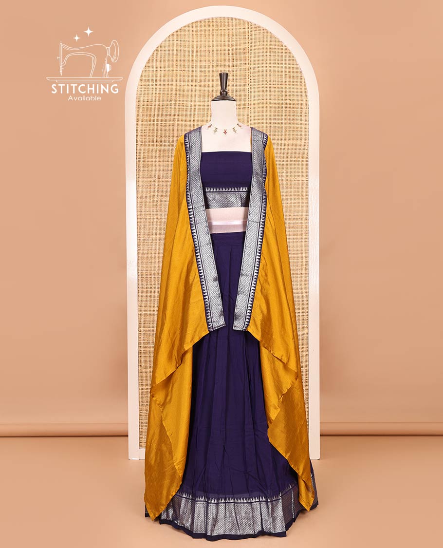 Royal blue Mercerised cotton half-saree, plain & contrast mayil kann temple border skirt, matching blouse & contrast zari border syska georgette dhavani