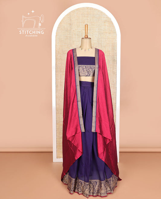 Purple cotton half saree with contrast wedding design border, zari design blouse & plain , zari design border dhavani