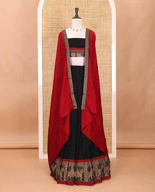 Black with red mercedised cotton half-saree, contrast elephant zari border skirt, matching blouse & one side border georgette dhavani