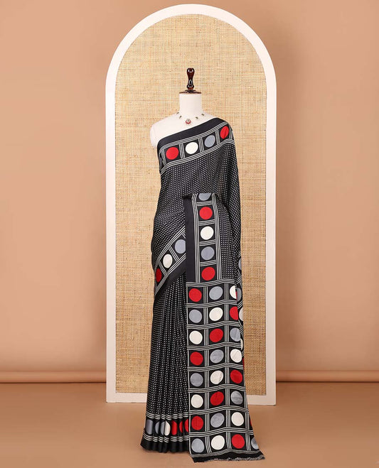 Black small polka dots printed gajji silk saree with self-border & pallu printed with a dot enclosed checks, blouse with intricate motif print