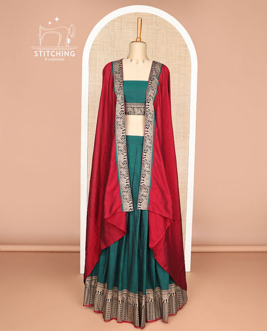 Green cotton half saree with contrast intricate zari design border, elephant design blouse & elephant design border dhavani