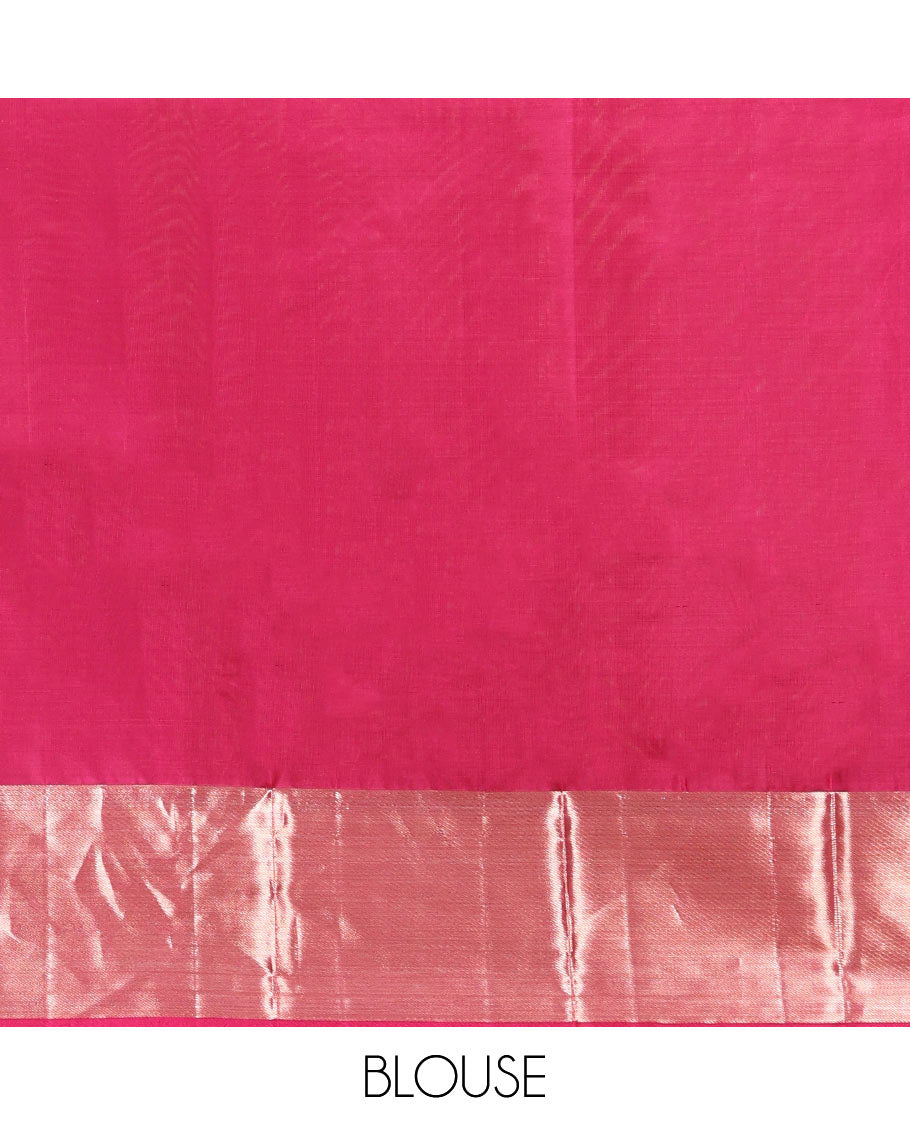 Wine Kanchipuram Wedding Silk Saree, Gleamed Up with Floral Buttas on Its Body, Highlighted by a Zari Border, Pallu of Geometric Designs, and Paired with a Matching Blouse
