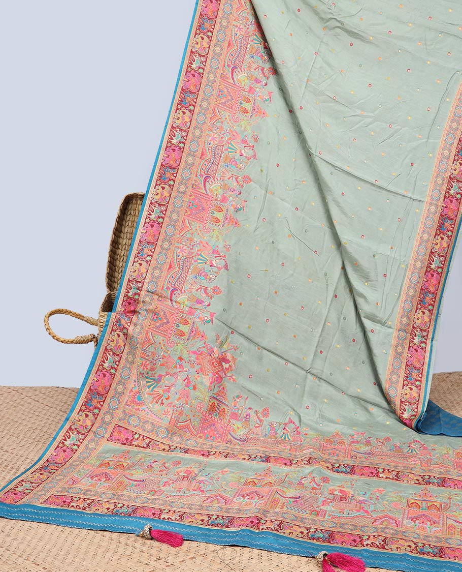 Green motifs  semi-banaras dola silk saree with contrast embroidered border & wedding theme design pallu