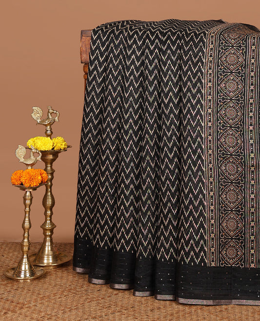 Black zig zag printed soft mercerised cotton saree with sequins work border & printed pallu along with butta design printed blouse