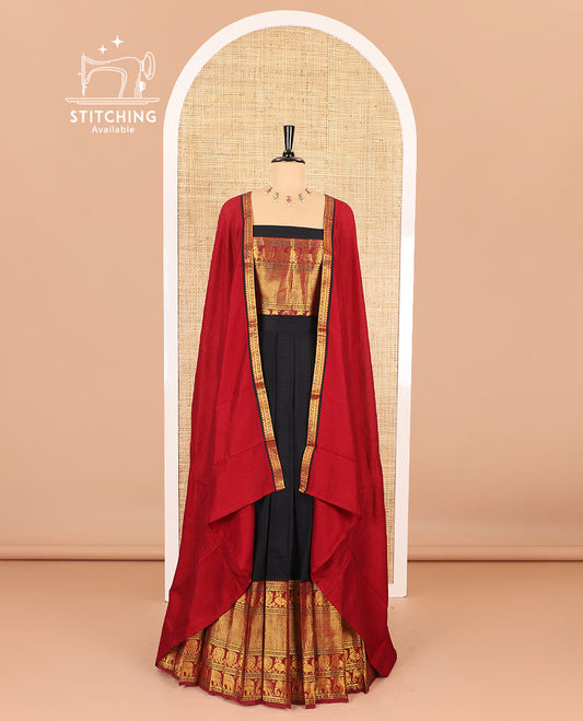 Black half-saree, plain with contrast traditional zari border skirt, matching blouse and a contrast zari border dhavani