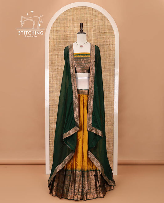Mustard taffeta silk half-saree,plain skirt,contrast temple traditional zari border,zari design blouse & zari border georgette dhavani