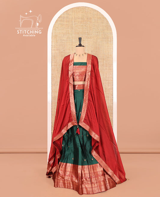 Dark Green Semi-Banarasi Half-Saree Featuring Buttas Skirt, Contrast Traditional Border, Matching Blouse, Satin Georgette Dhavani