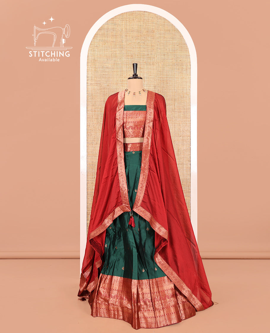 Dark Green Semi-Banarasi Half-Saree Featuring Buttas Skirt, Contrast Traditional Border, Matching Blouse, Satin Georgette Dhavani