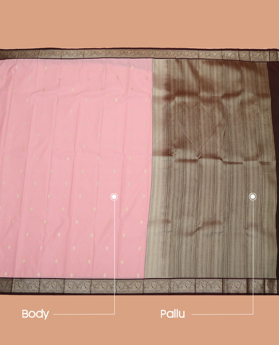Pink Budget Silk Saree, Sparsely Woven with Zari Buttas All Over Its Body, Complemented by Contrast Border of Peacock Designs, a Masterfully Woven Pallu of Geometric Designs, and Paired with a Contrast Blouse