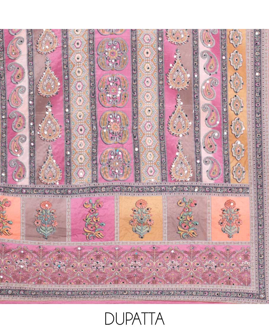 Pink georgette shifli sequins, stone, moti work chudidhar material top with amercial crepe pant & digital print, mirror work dupatta