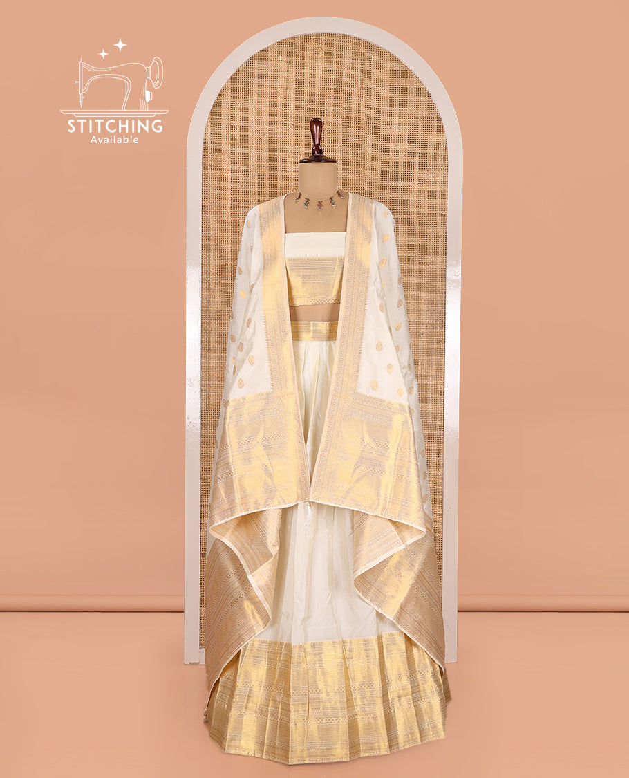 Cream Banarasi Silk Half-Saree Features a Plain Skirt, a Traditional Border, Matching Blouse, and Zari-Woven Dhavani