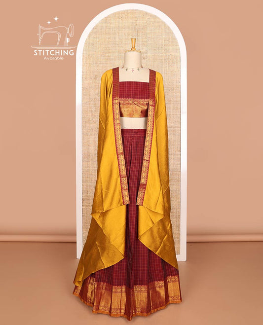 Maroon mercerised cotton daman zari border, checked design  half saree with mercerised cotton checked blouse & skya georgette one side zari border work