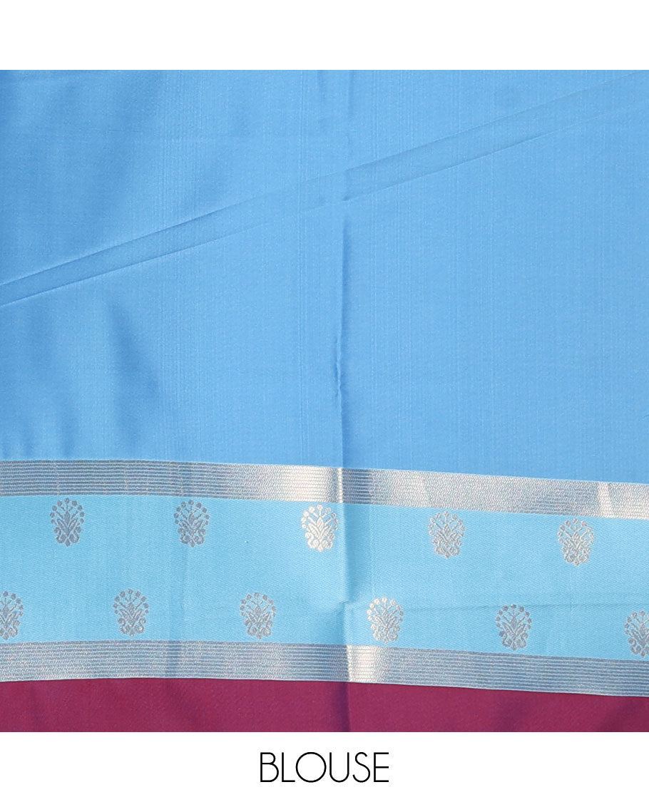 Majenta zari buttas soft silk saree, contrast zari design border, intricate jaal pallu, and contrast zari design blouse