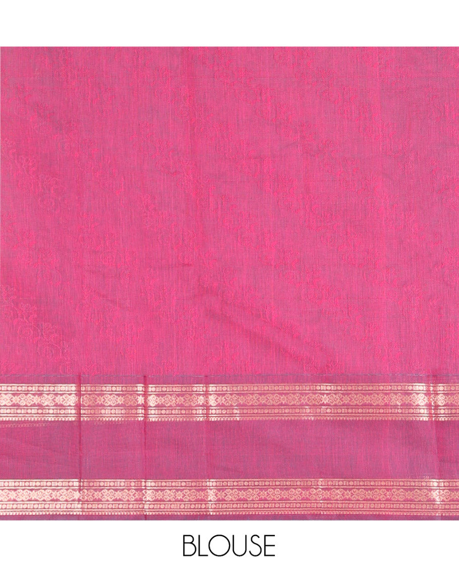Pink Silk Cotton Saree, Decked Up with Zari Buttas All Over Its Body, Complemented by a Contrast Traditional Zari Design Rettai Pettu Border, Pallu of Intricate Designs, and Paired with a Contrast Blouse