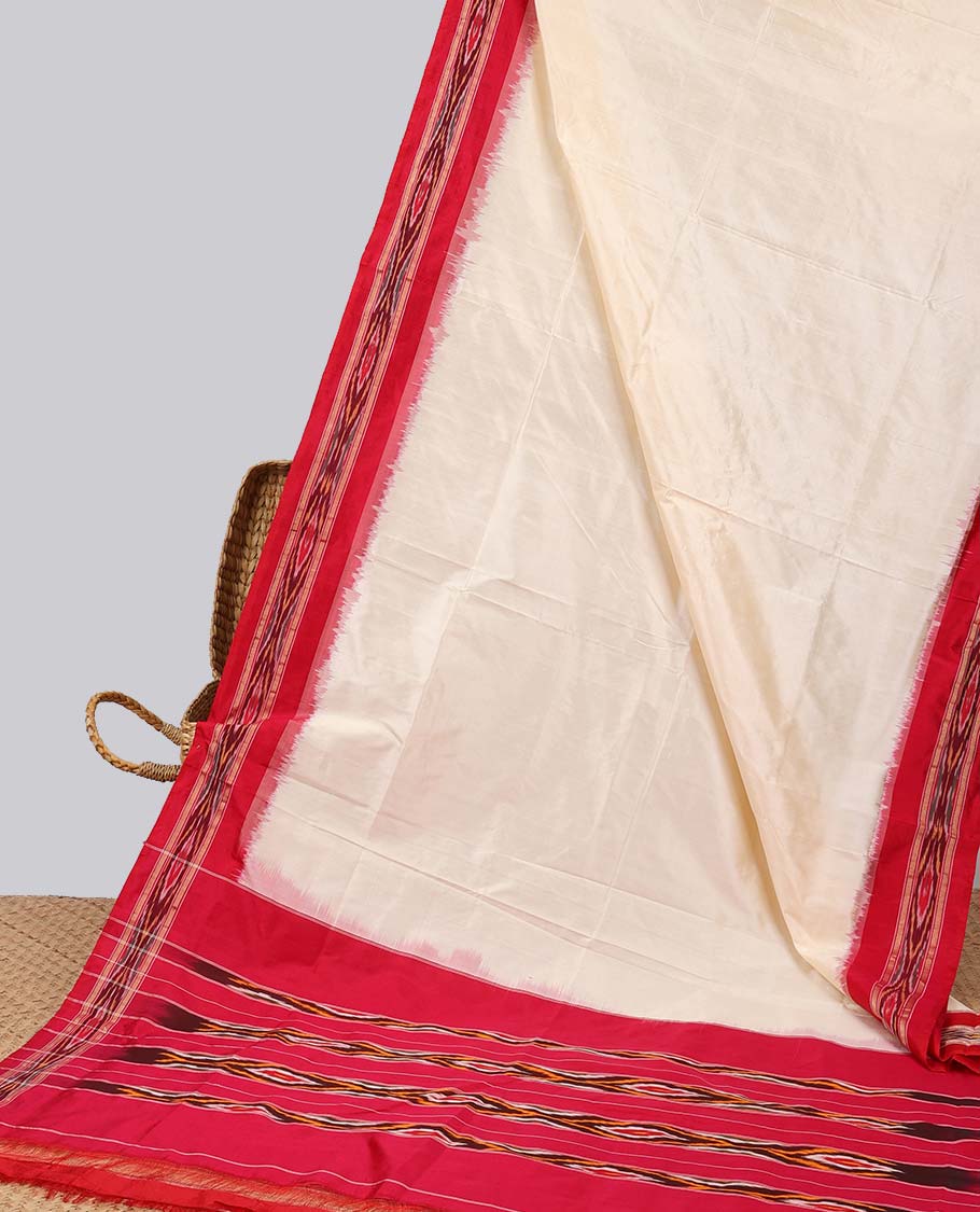Cream ikkat silk saree with contrast striped border & striped design pallu
