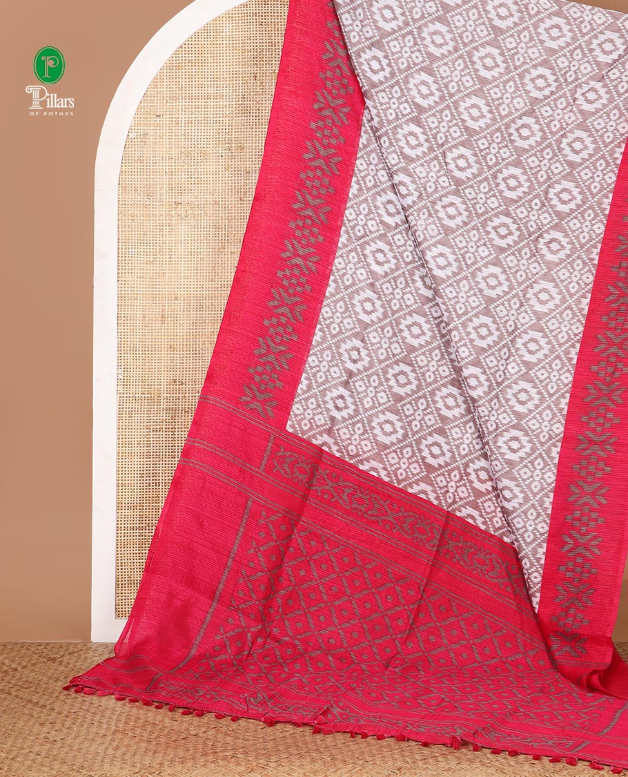 White Ikkat deisgn printed jute tussar silk saree , rani pink contrast border , ikkat  design printed pallu