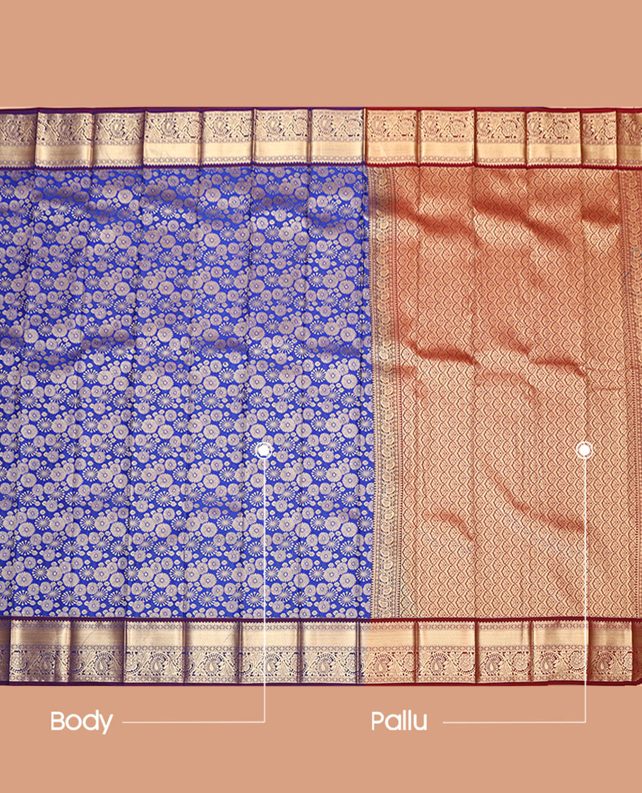 Blue Budget Silk Saree, Decked Up with Jacquard Design, Complemented by a Contrast Traditional Zari Border, Grand Pallu, and a Contrast Blouse
