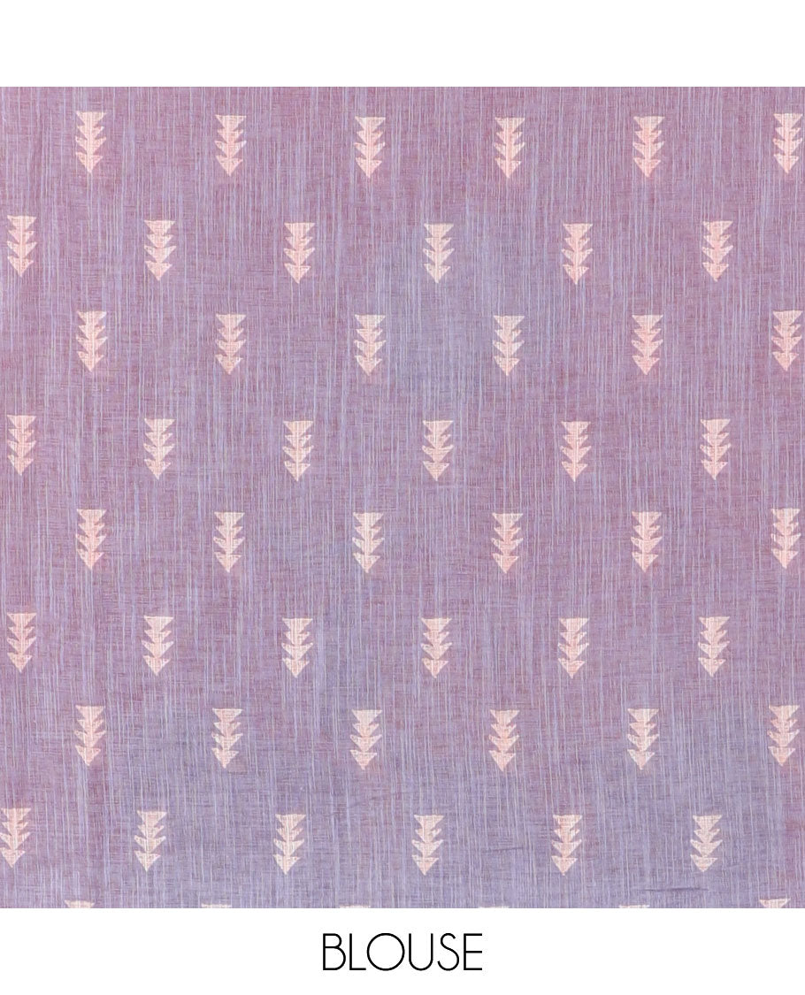 Borderless tomato pink Christmas-theme Snow-fall, moon, Christmas trees, and deer motifs printed linen cotton saree with a contrast printed blouse