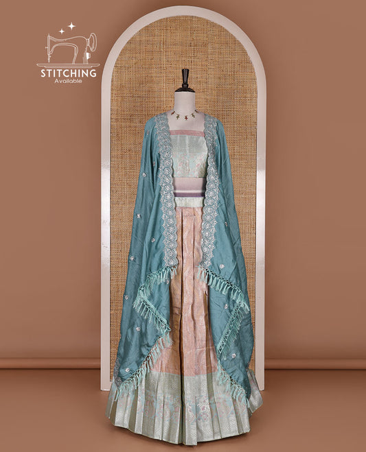 Pink-blue banaras tissue half saree, jacquard with contrast traditional zari bordered skirt, matching blouse, and Vichitra silk embroidered dhavani
