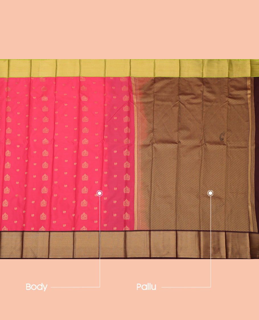 Pink Budget Silk Saree, Decorated with Zari Buttas, a Contrast Traditional Zari Ganga-Jamuna Border, Intricate Pallu, and a Contrast Blouse