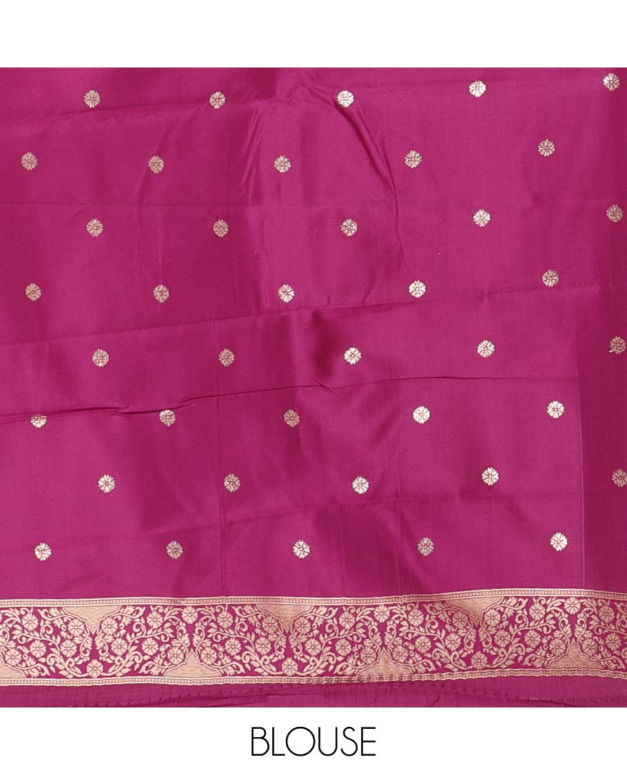 Pink Antique buttas twill tissue saree, contrast satin thread woven border & pallu of mughal-style motifs & buttas purple blouse