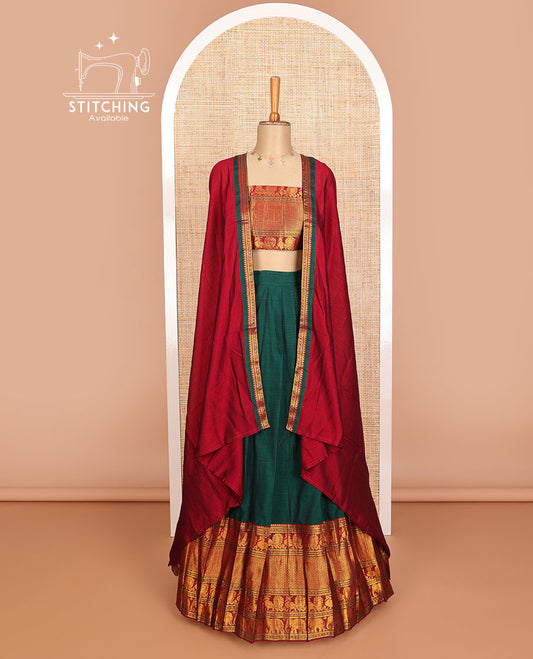 Green cotton half saree with contrast traditional zari design border, zari design blouse & plain, zari design border dhavani