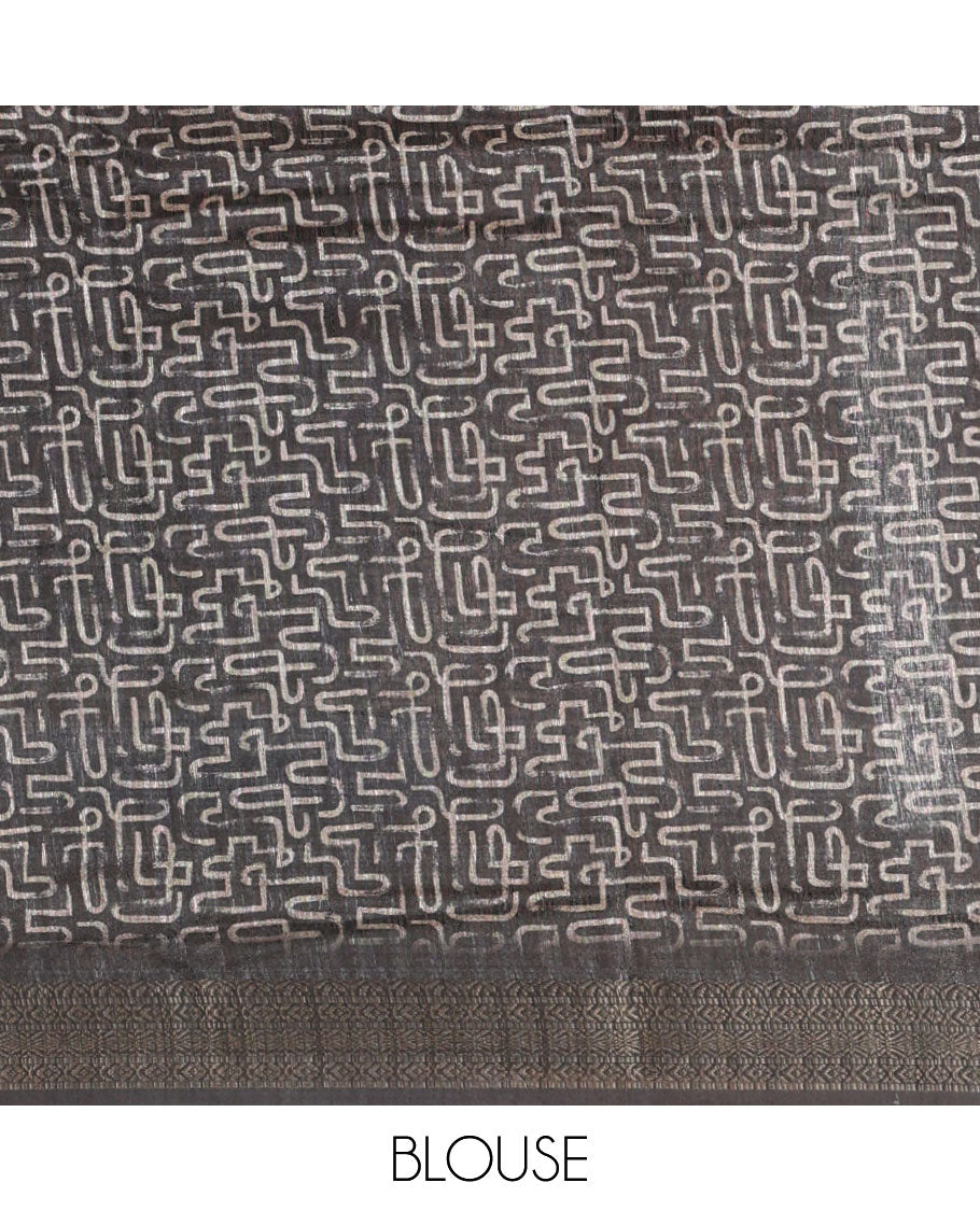 Chikku maze-like printed semi-jute saree, contrast geometric zari border, Madhubani-style animals printed pallu, & black blouse of print & zari work