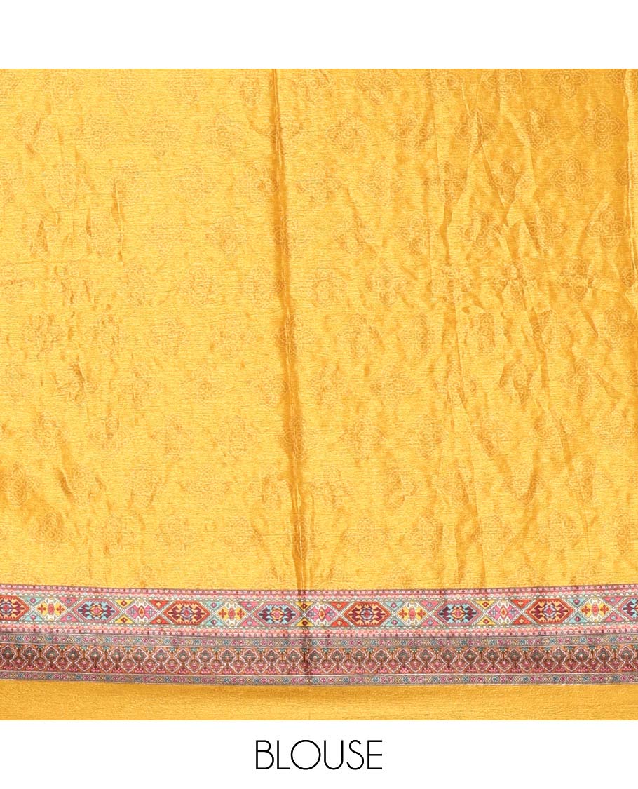 Gold-base colorful Mughal-style motifs printed & real mirror embroidery masakali saree, self-border &  pallu of print & mirror work