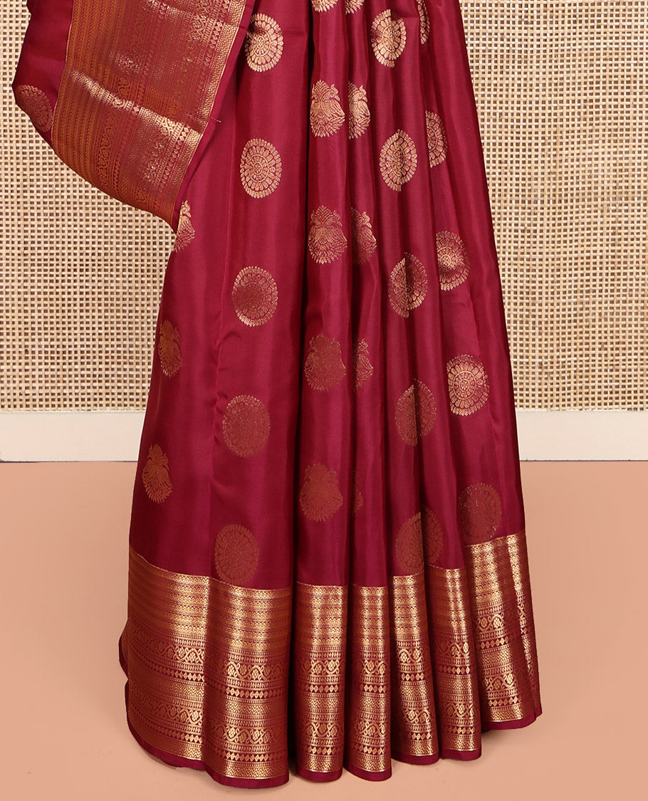 Red Vasundhara Lite Silk Mix Saree, Mesmerized with Iruthalai-Pakshi and Chakram Buttas, a Traditional Zari Border, Vanki Design Pallu, and a Matching Blouse