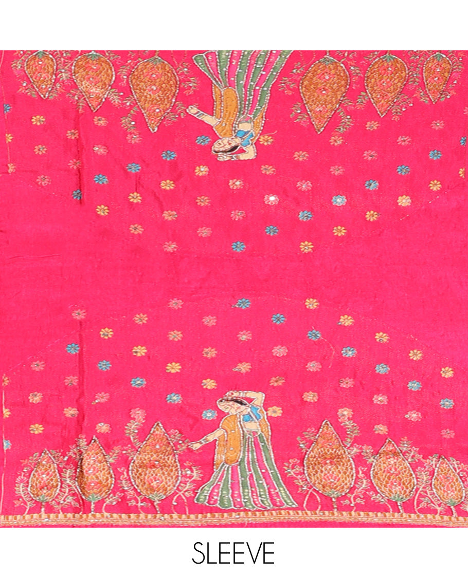 Pink Dola Silk Saree, Boldly Accentuated with Floral and Mughal-Style Print on Its Body, Highlighted by a Peacock Border, Pallu Depicts Mughal-Style Printed Outline Embroidery, and Paired with a Matching Blouse