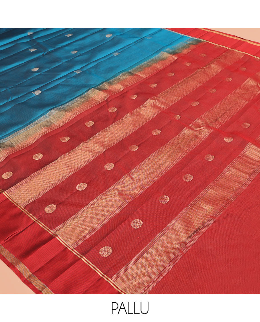 Blue Mayil Buttas Vasundhara Lite Silkmix Saree, a Contrast Mayil Border, Pallu of Vanki-Chakra, Contrast Blouse