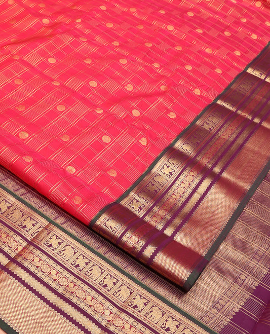Pink Vasundhara Lite Silk Mix Saree, Opulently Embellished with Zari Butta Enclosed Checks On Its Body, Complemented by Contrast Border of Neli, Kuthirai, Yaanai, Kamalam, Mayil and Kuyil Kann Designs, Grand Pallu and Paired with a Contrast Blouse