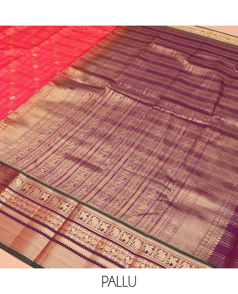 Pink Vasundhara Lite Silk Mix Saree, Opulently Embellished with Zari Butta Enclosed Checks On Its Body, Complemented by Contrast Border of Neli, Kuthirai, Yaanai, Kamalam, Mayil and Kuyil Kann Designs, Grand Pallu and Paired with a Contrast Blouse