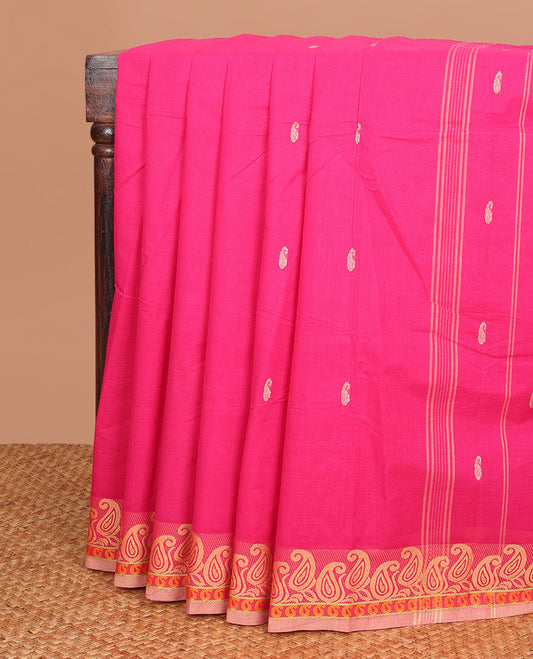 Pink paisley buttas Chettinad cotton saree, contrast paisley design border & striped pallu