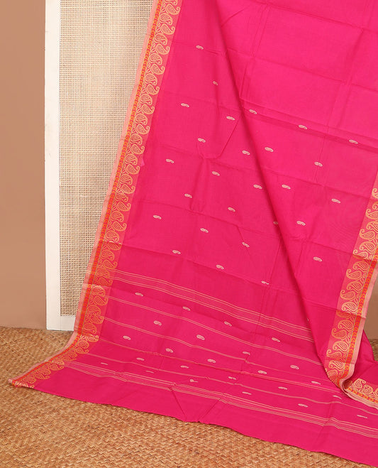 Pink paisley buttas Chettinad cotton saree, contrast paisley design border & striped pallu