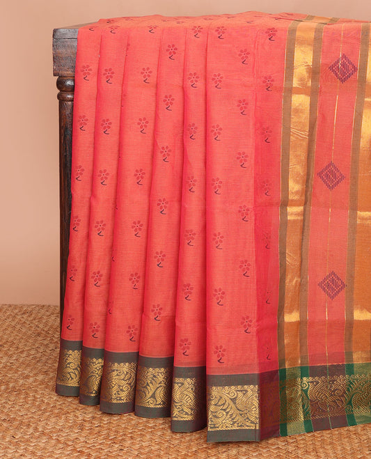 Pink flower buttas Andhra cotton saree, contrast traditional zari border & zari striped & diamond pallu
