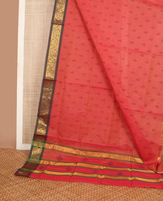 Pink flower buttas Andhra cotton saree, contrast traditional zari border & zari striped & diamond pallu
