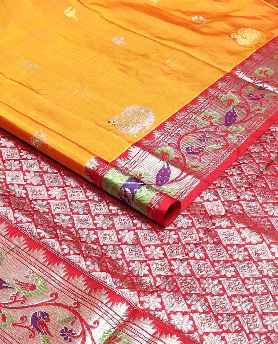 Orange motifs venkatagiri silk saree with contrast floral, bird design border & floral design pallu