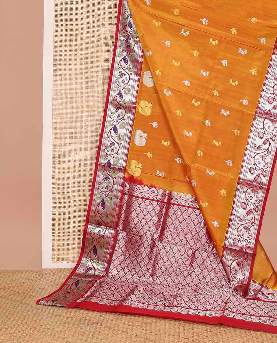 Orange motifs venkatagiri silk saree with contrast floral, bird design border & floral design pallu